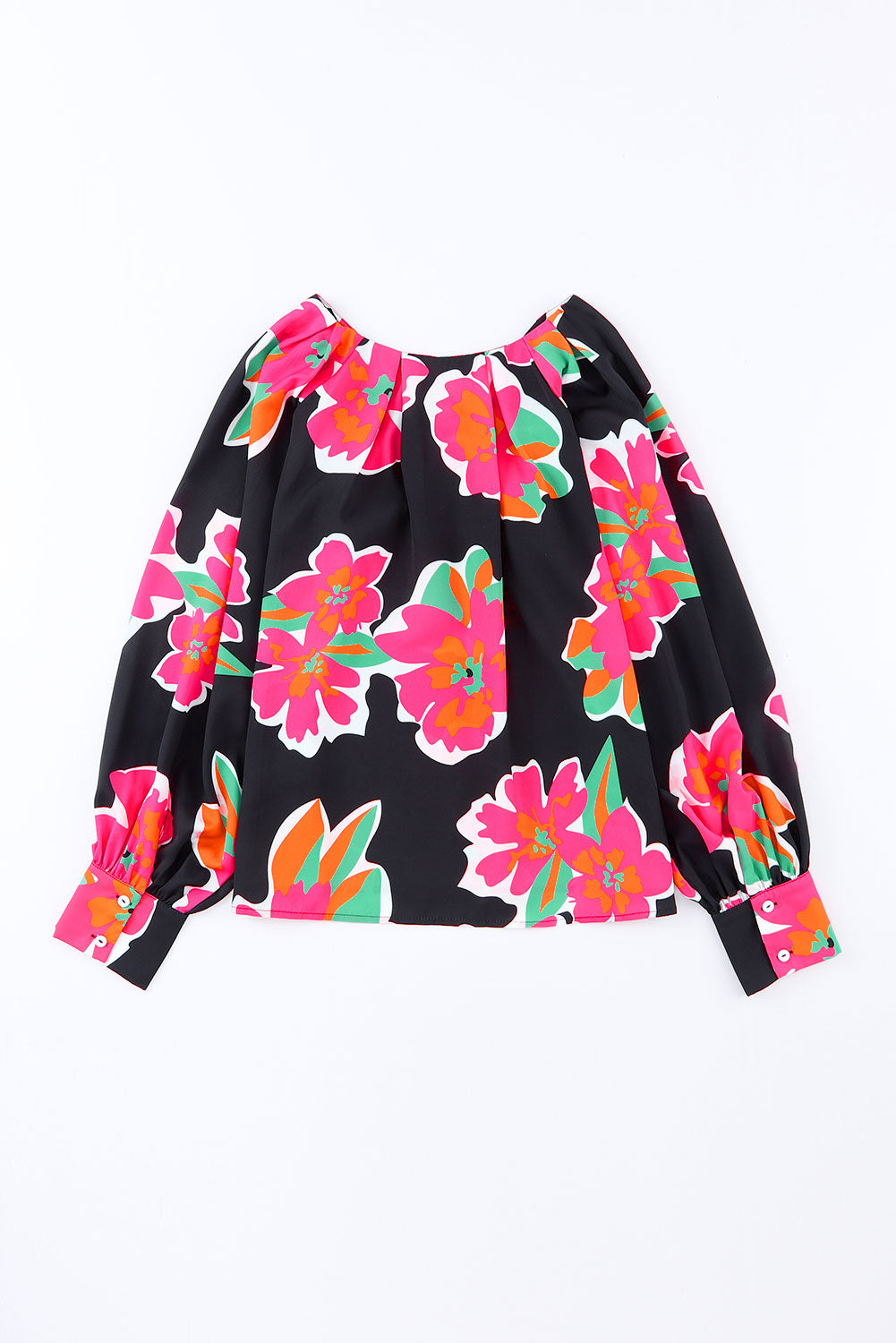 Rose Floral Print V Neck Puff Sleeve Blouse