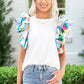 White Abstract Print Puff Sleeve Textured Top