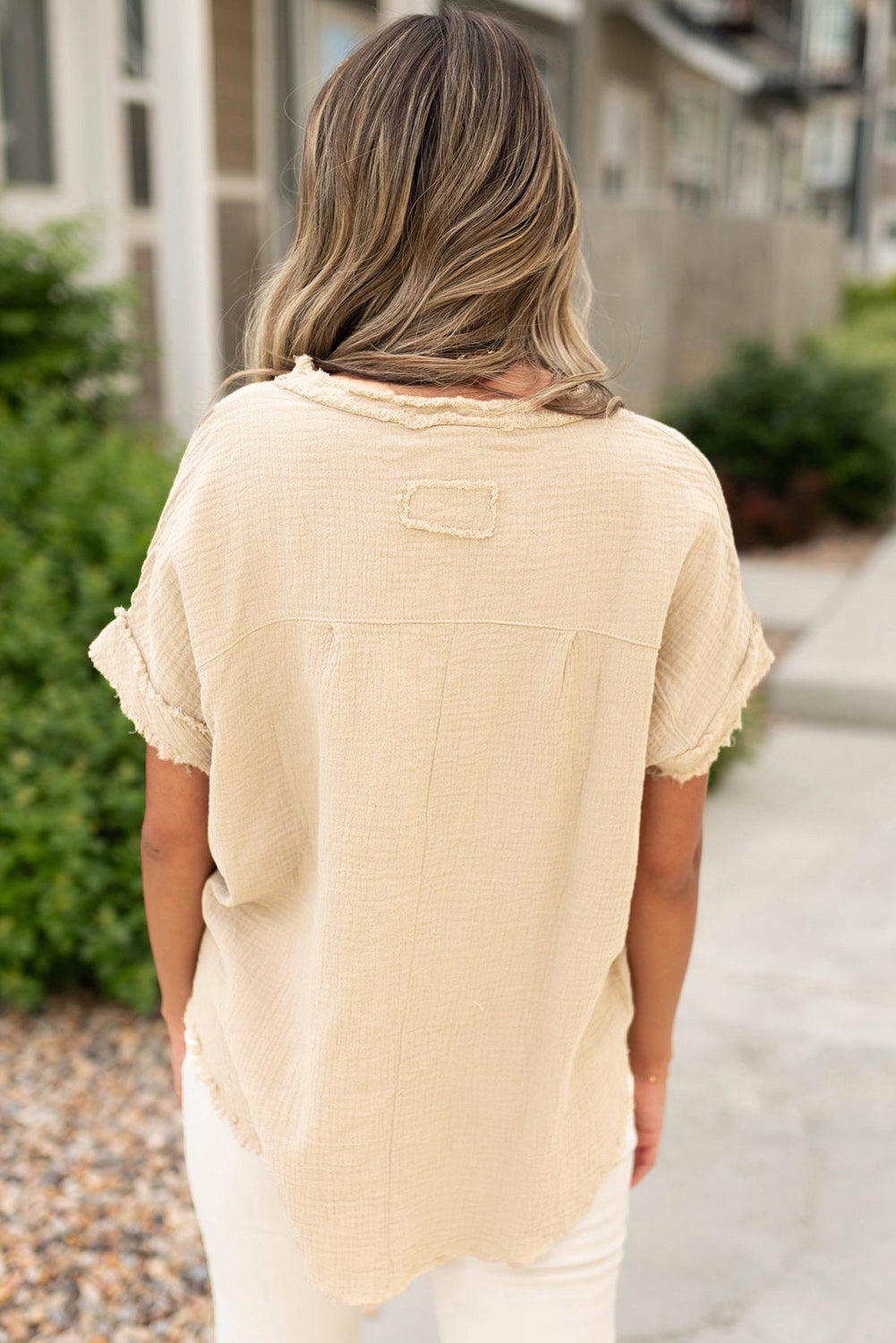 Parchment Textured Frayed Trim Henley T Shirt