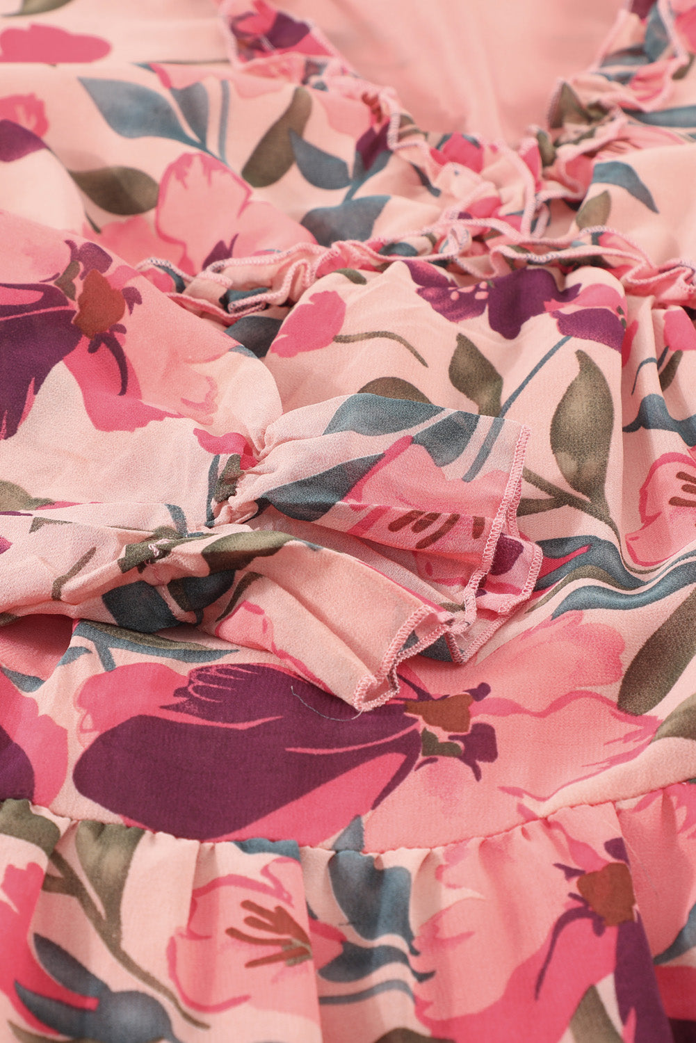 Multicolor Floral Print Ruffle Trim Plunge Neckline Maxi Dress