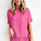 Rose Red Casual Textured Tee and Drawstring Shorts Set