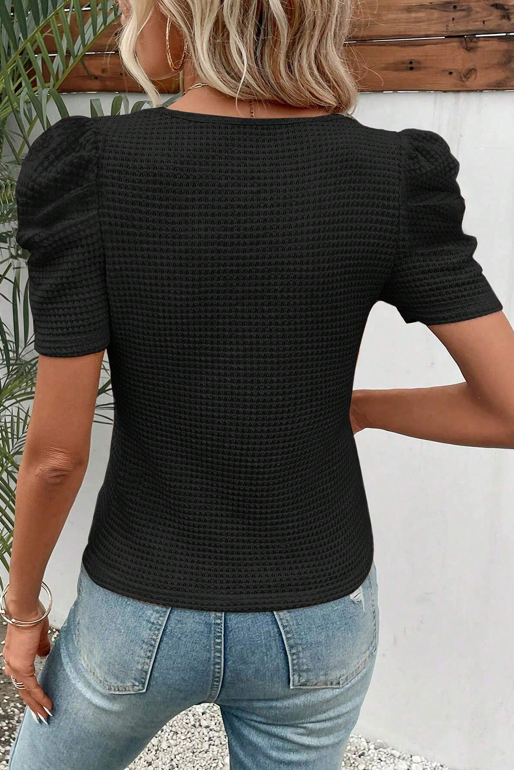 Black Scoop Neck Waffle Knit Puff Sleeve Top