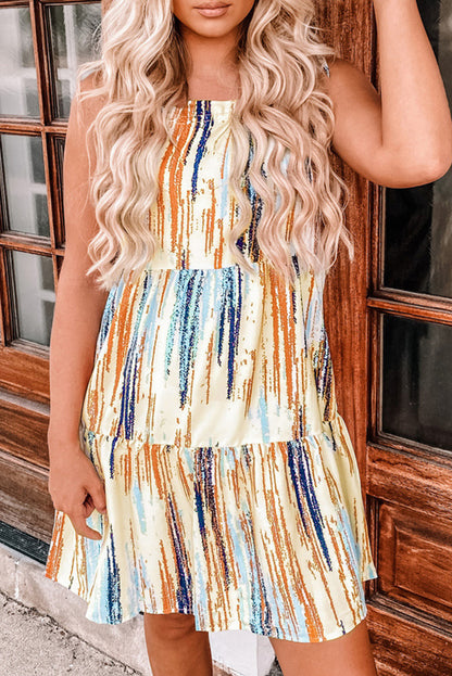 Multicolor Abstract Print Tie Shoulder Spaghetti Strap Tiered Dress