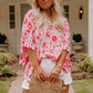 Pink Floral Ruffled Half Sleeve V-Neck Plus Size Blouse