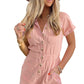 Pink Button Up Short Sleeve Denim Romper with Pockets