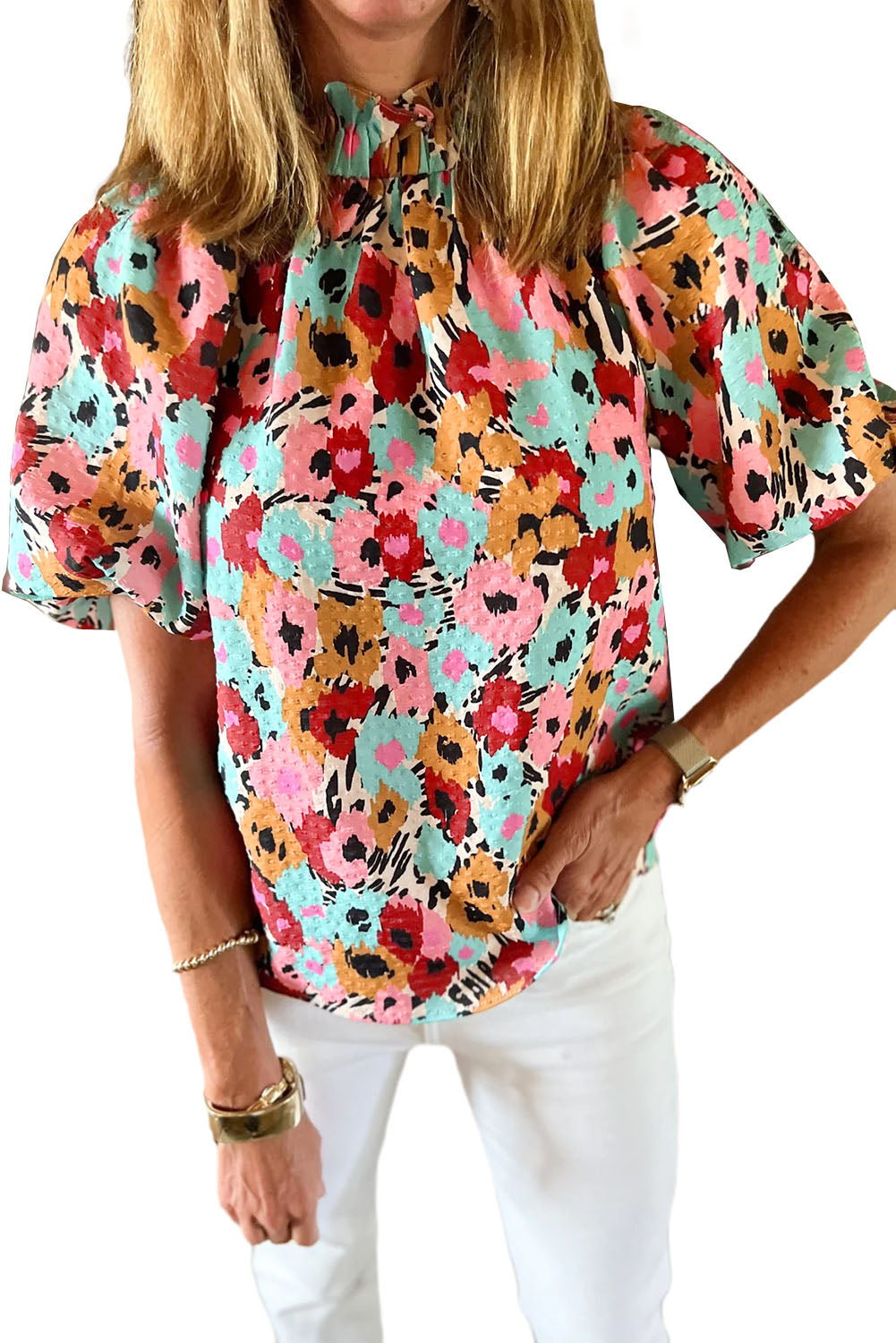 White Frilled Floral Print Puff Sleeve Mock Neck Blouse