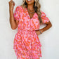 Pink Floral V Neck Short Ruffle Tiered Dress