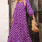 Purple Boho Printed V Neck Puff Sleeve Maxi Dress