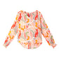 Orange Boho Floral Print Shirred Cuffs Blouse