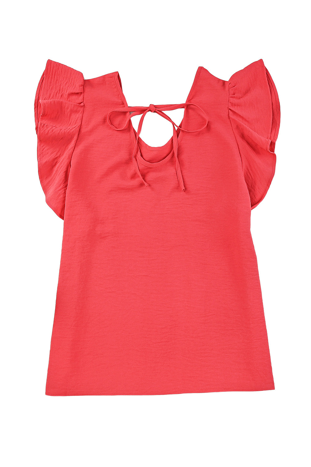 Red Solid V Neck Ruffle Sleeve Loose Top