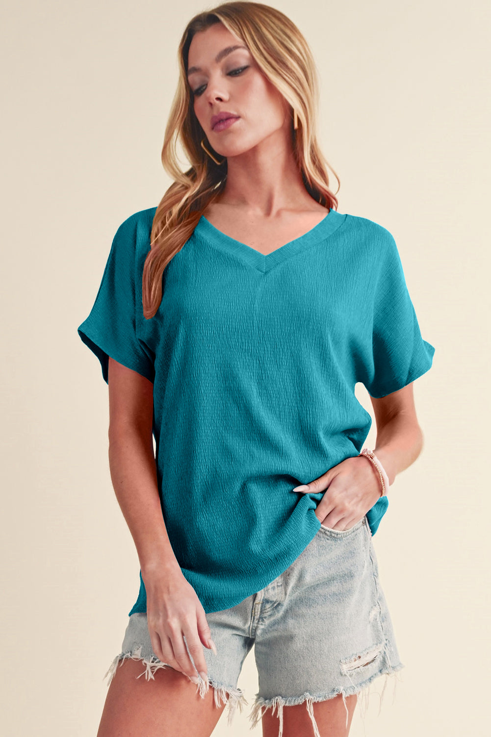 Apricot Plain Crinkled V Neck Short Sleeve Blouse