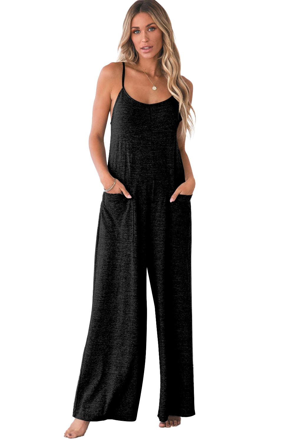 Gray Loose Fit Side Pockets Spaghetti Strap Wide Leg Jumpsuit