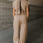 Light Beige Cap Sleeve Backless Drawstring Jogger Jumpsuit