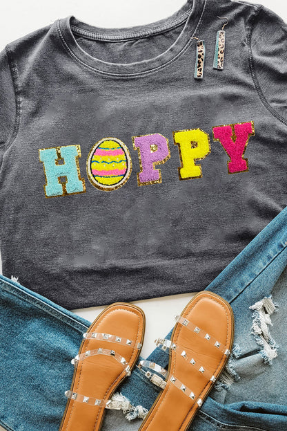 Gray Easter Egg HAPPY Chenille Letter Graphic T Shirt