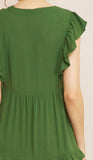 V-neck ruffle sleeve tiered midi dress. Pockets at side. Lined. Woven. Non-sheer. Lightweight.