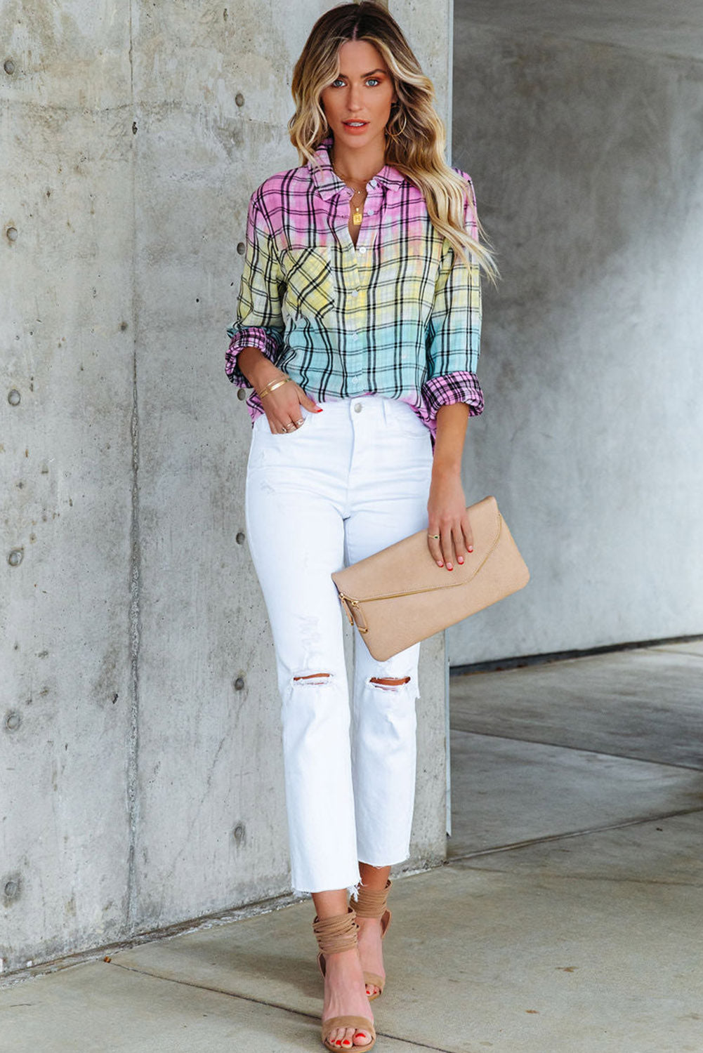 Multicolor Plaid Print Tie Dye Button Up Shirt