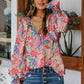 Red Floral Print Boho Tie Front Long Sleeve Blouse for Women