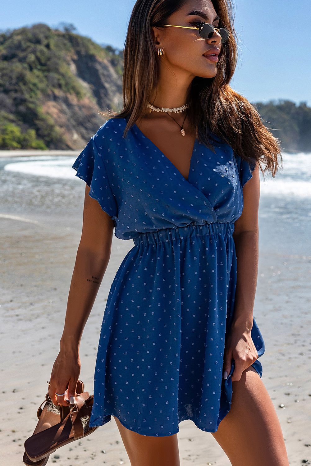 Sky Blue Swiss Dot V Neck Wrap Beach Dress
