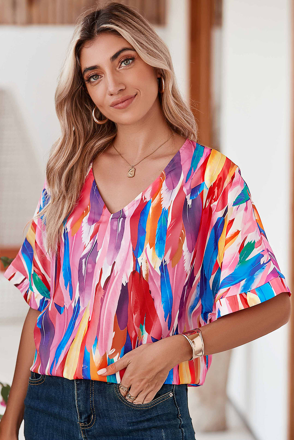 Multicolor Watercolor Abstract Print V Neck Blouse