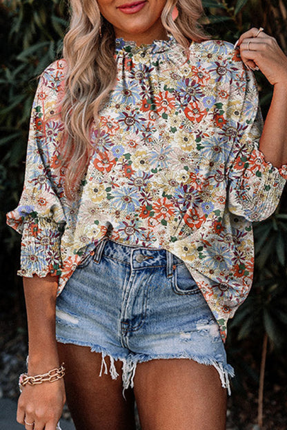 Multicolor Floral Print Shirred Cuffs Frilled Blouse