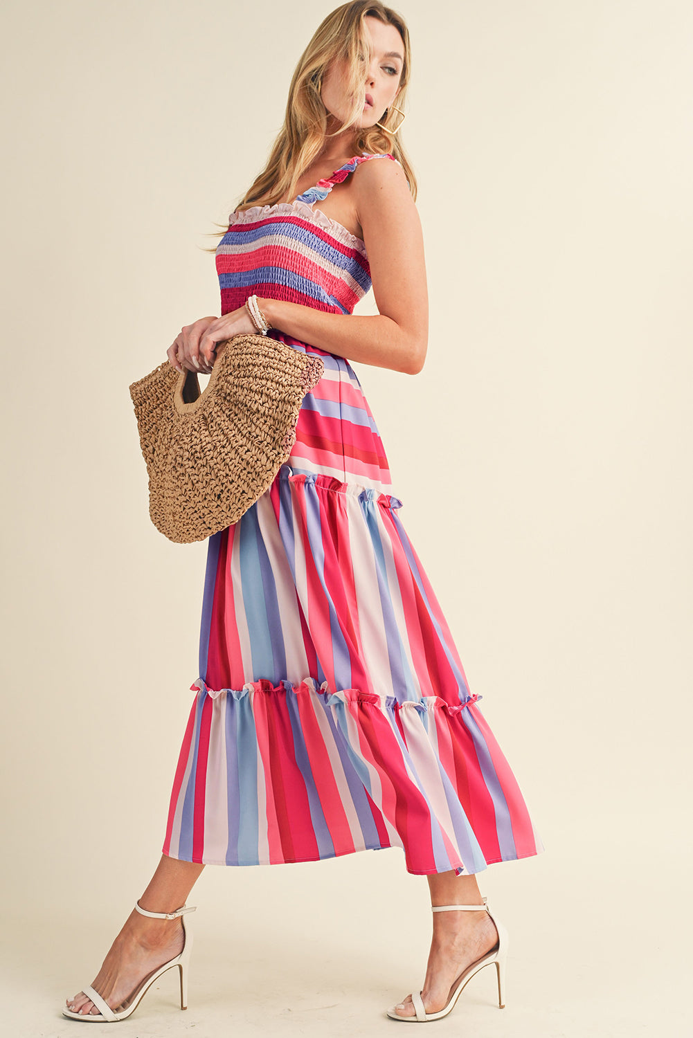 Red Stripe Ruffled Straps Smocked Tiered Long Dress