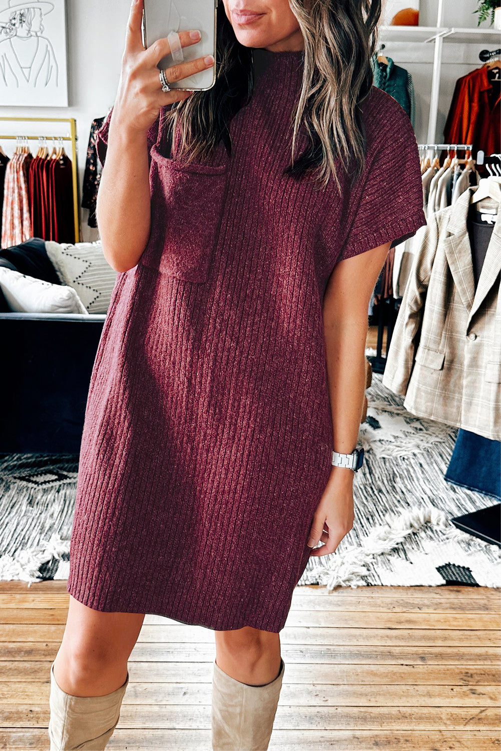 Oatmeal Patch Pocket Ribbed Knit Short Sleeve Sweater Dress