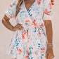 White Floral Print Puff Sleeves Belted Romper