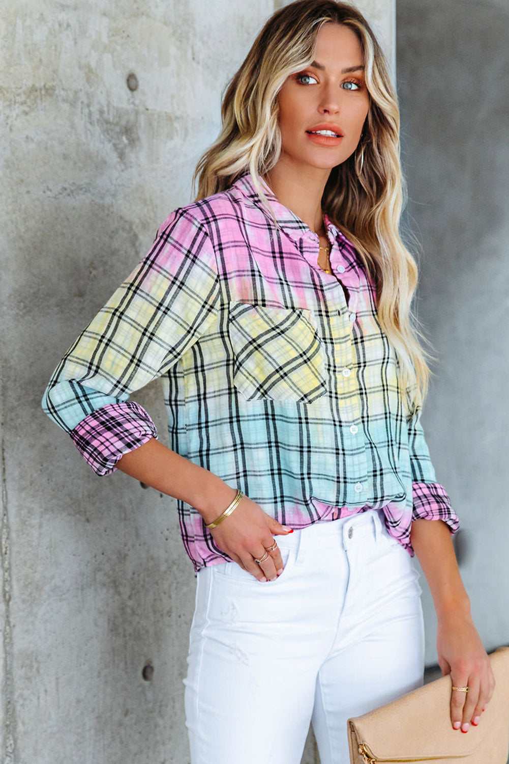 Multicolor Plaid Print Tie Dye Button Up Shirt