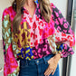 Rose Leopard Color Block Puff Sleeve Crinkle Blouse