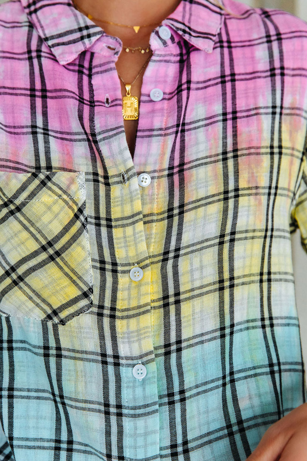 Multicolor Plaid Print Tie Dye Button Up Shirt