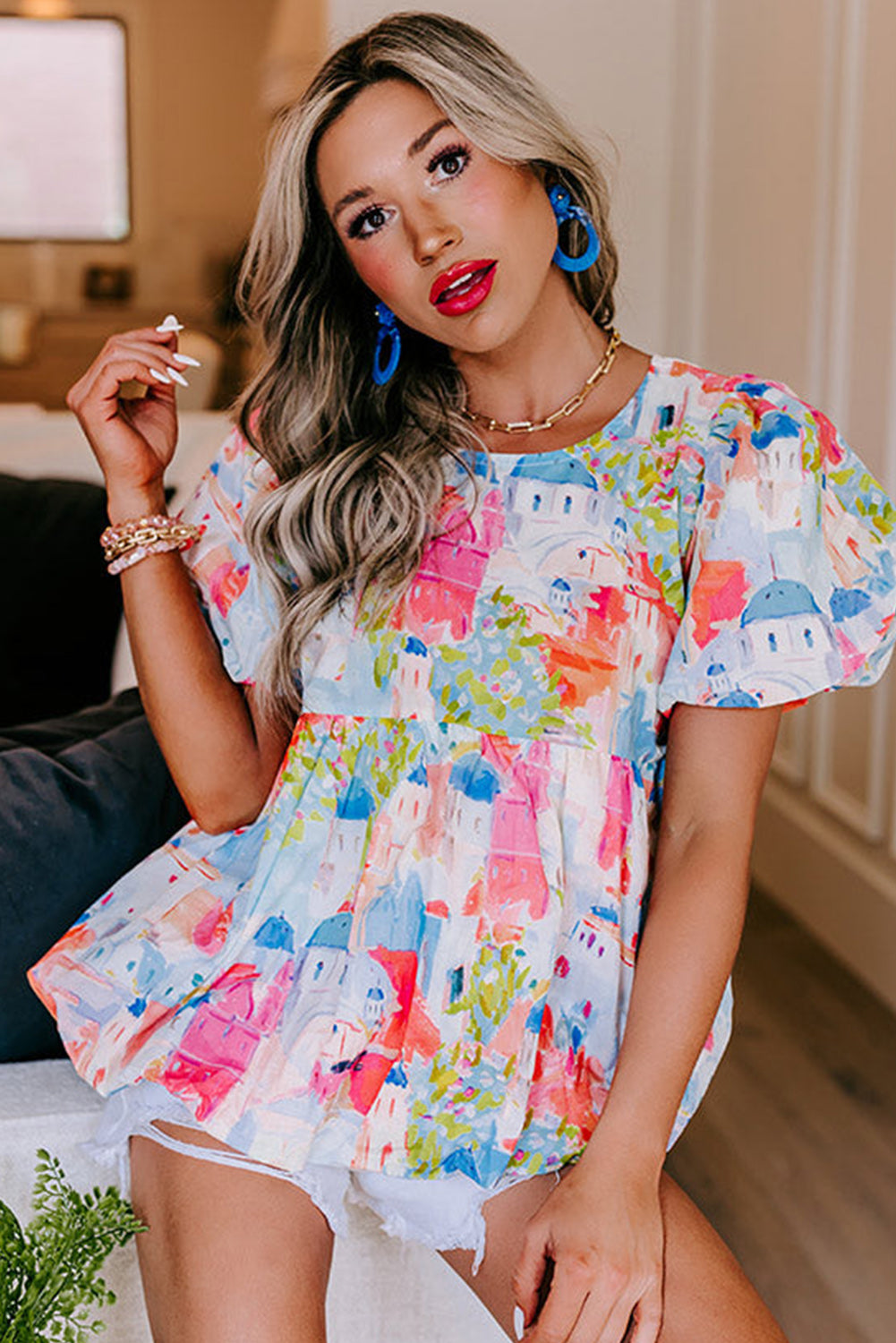 Sky Blue Abstract Print Puff Sleeve Babydoll Blouse