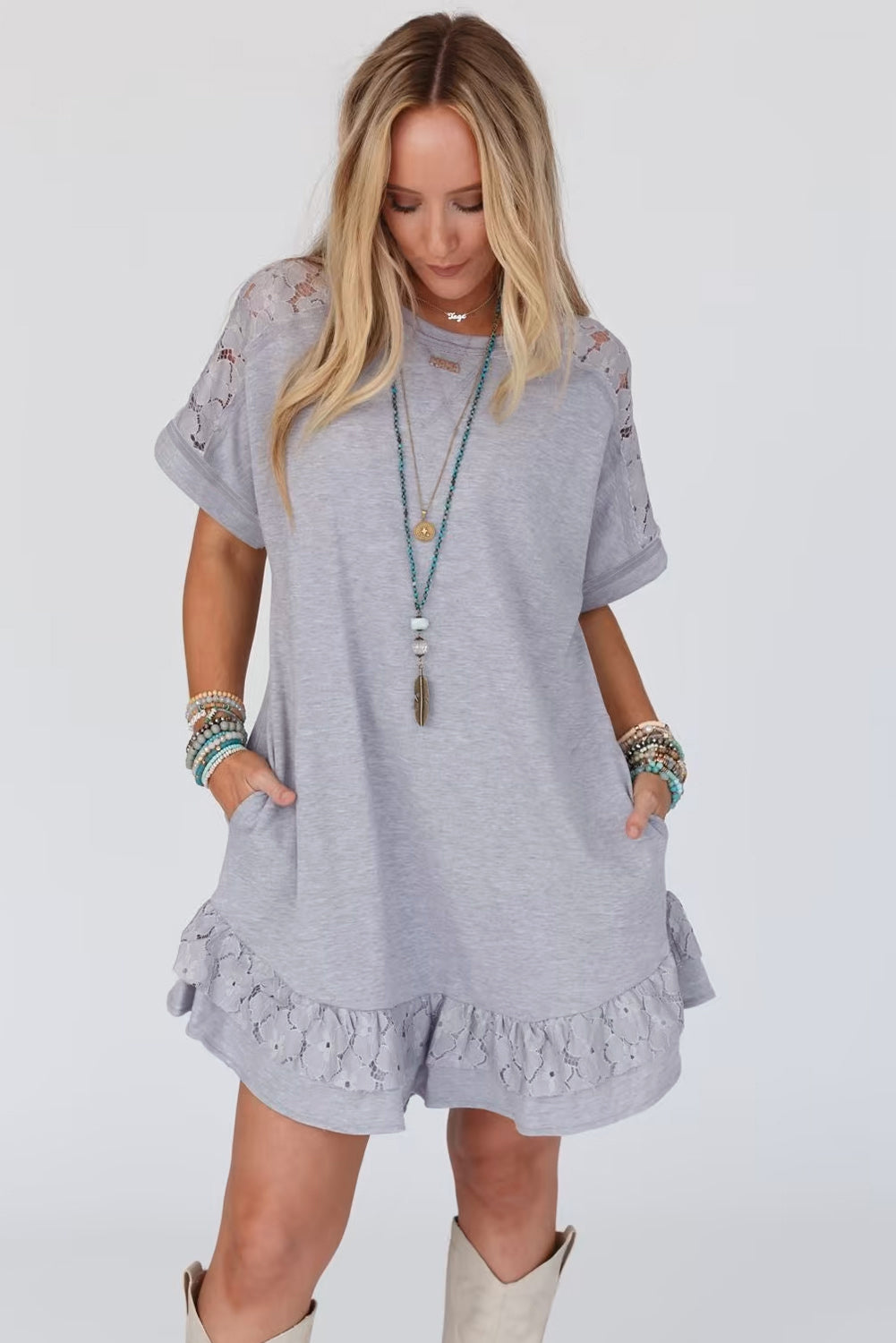 Light Grey Lace Splicing Ruffled Mini T-shirt Dress