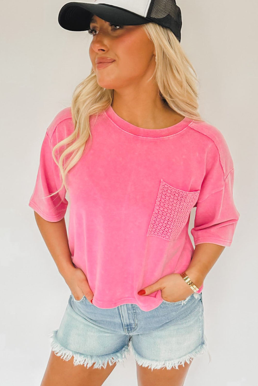 Pink Washed Short Sleeve T Shirt with Crochet Pocket