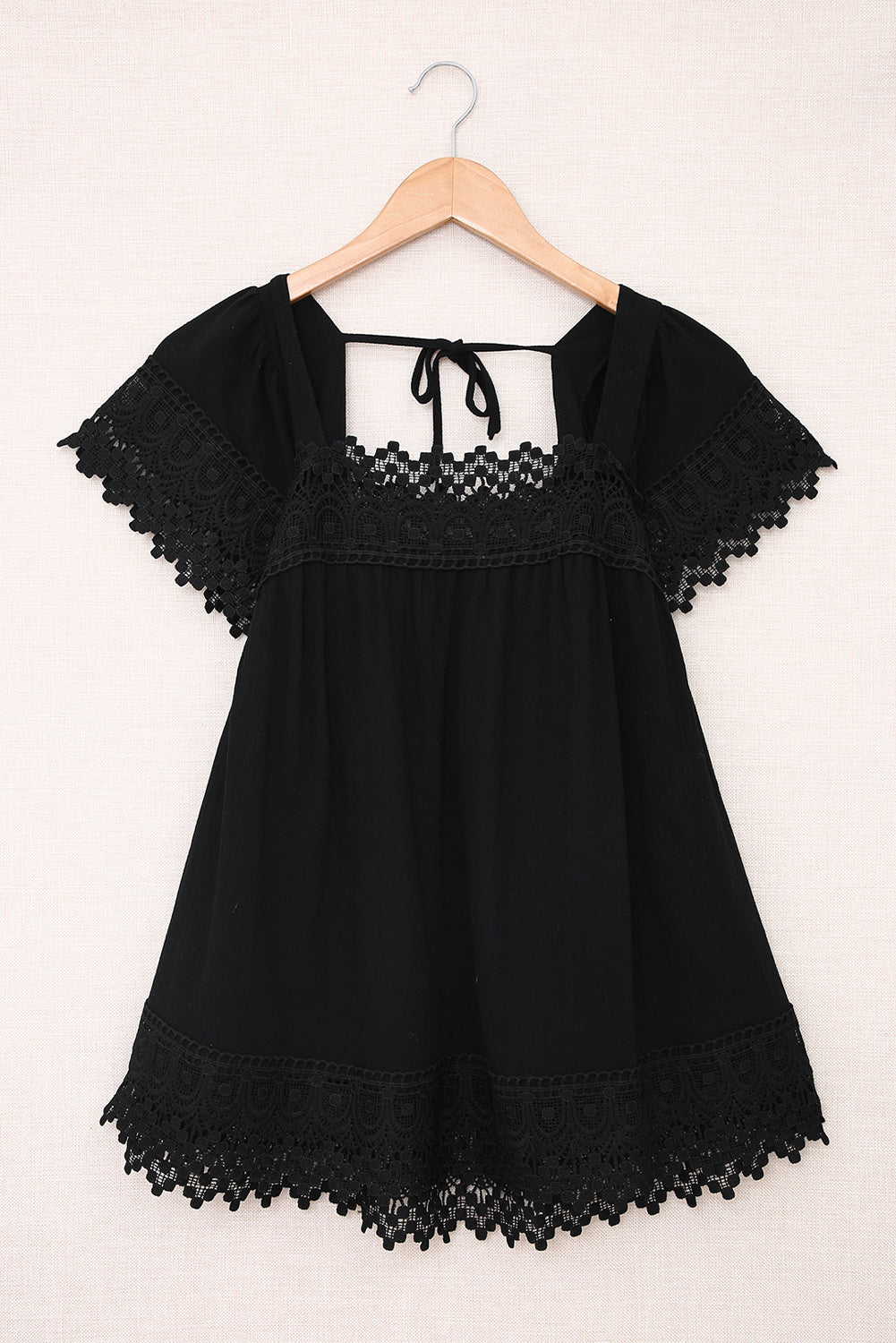 Black Elegant Lace Crochet Short Sleeve Square Neck Top