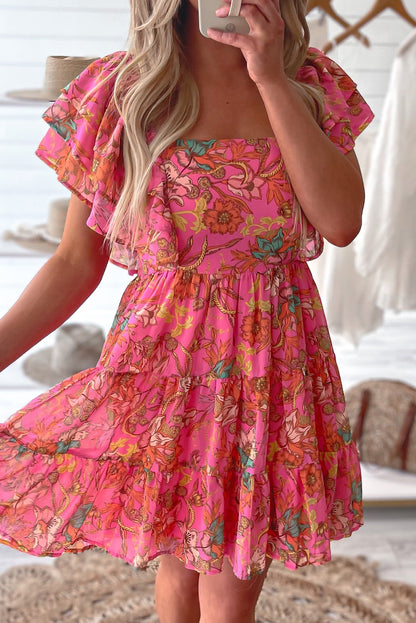 Pink Floral Print Square Neck Ruffle Sleeve Tiered Dress