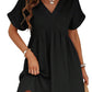 Black Folded Short Sleeve Lace V Neck Mini Dress