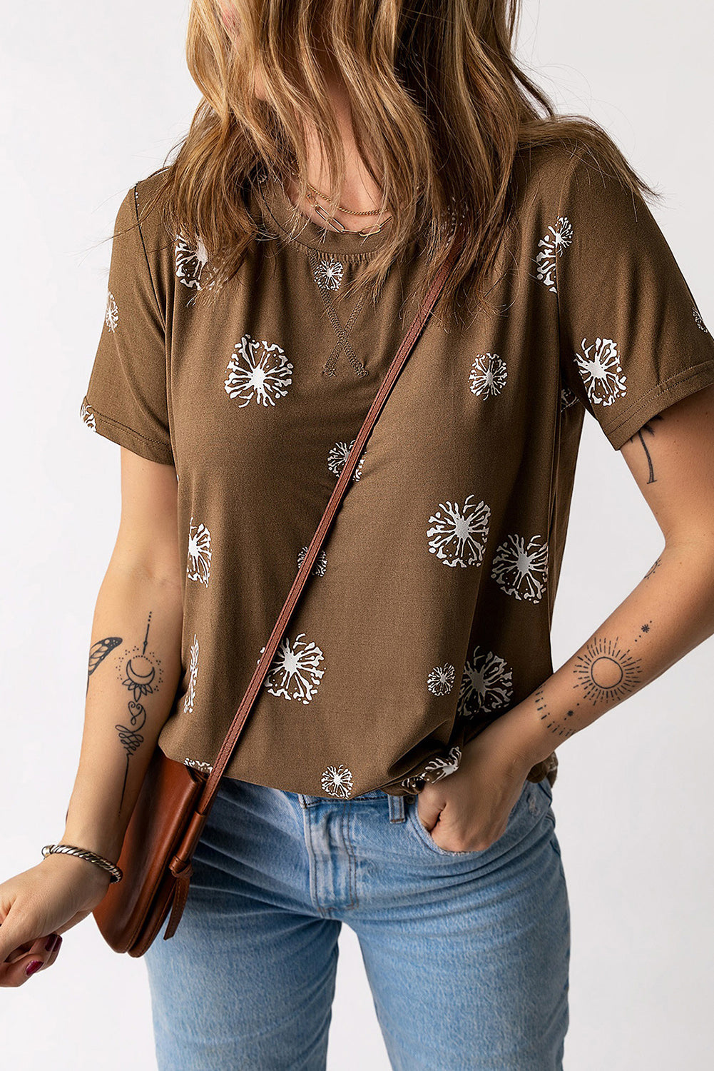 Brown Dandelion Print Casual Crew Neck T-shirt