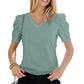 Rose Puff Sleeve Casual V Neck T-Shirt