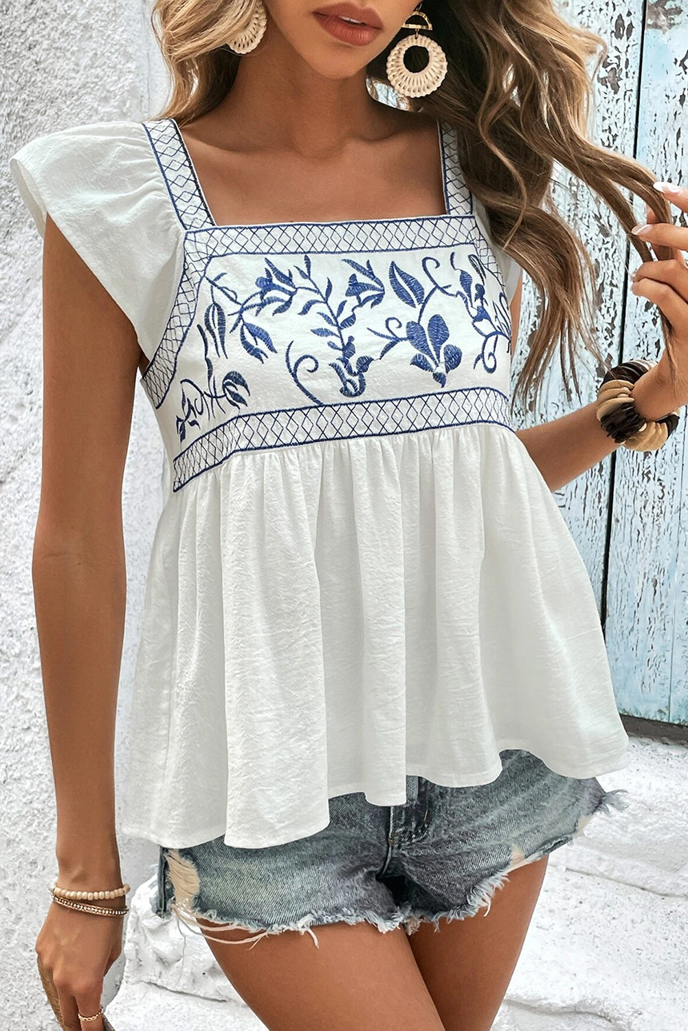 White Floral Embroidered Tie Back Ruffle Peplum Blouse