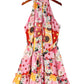 Floral Print Buttoned Waist Belted Sleeveless Flounce Hem Halter Dress