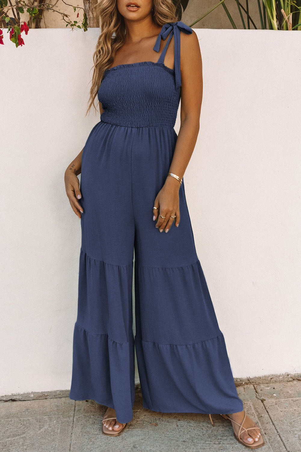 Black Tie Straps Shirred Casual Tiered Wide Leg Jumpsuit