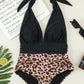 Leopard Colorblock Deep V Neck Halter One Piece Swimsuit