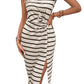 Khaki Stripe Twist Side Split Thigh Midi Dress