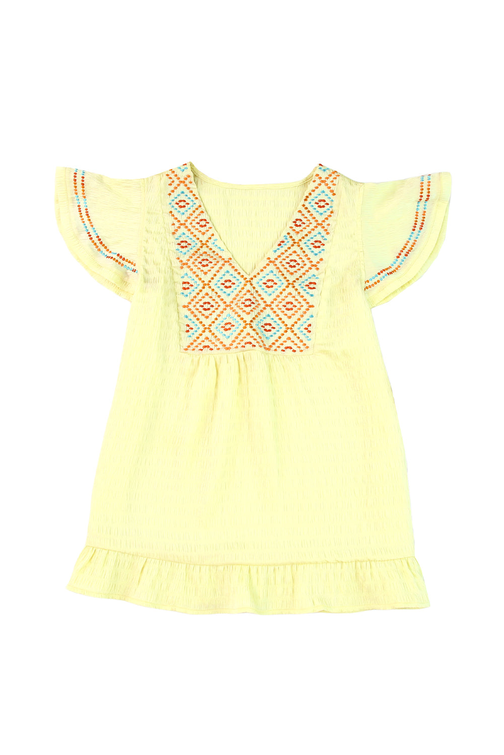 Yellow Geometric Embroidery Ruffles V Neck Textured Top