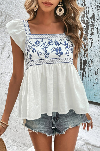White Floral Embroidered Tie Back Ruffle Peplum Blouse