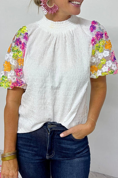 White Smocked Neck Sequin Flower Puff Sleeve Textured Top