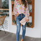 Red Floral Print Boho Tie Front Long Sleeve Blouse for Women