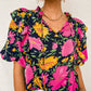 Rose Red Floral Bubble Sleeve V Neck Ruffled Blouse
