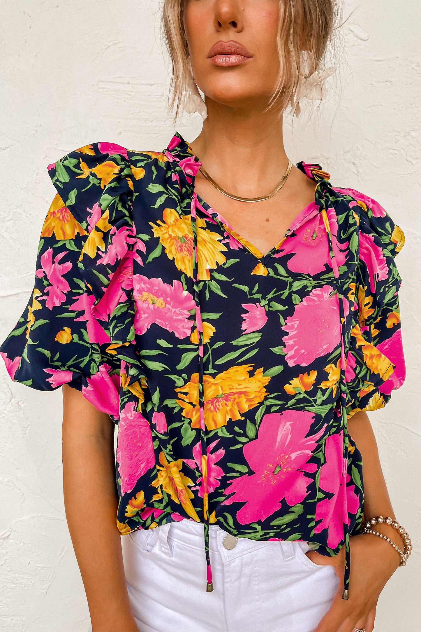 Rose Red Floral Bubble Sleeve V Neck Ruffled Blouse