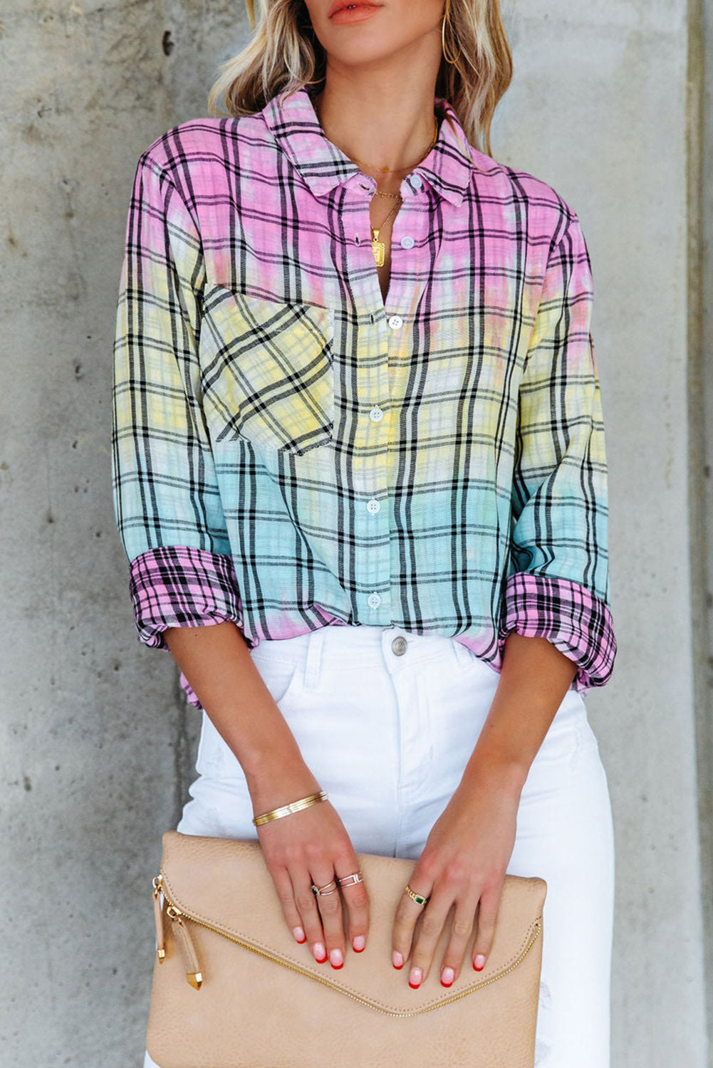 Multicolor Plaid Print Tie Dye Button Up Shirt